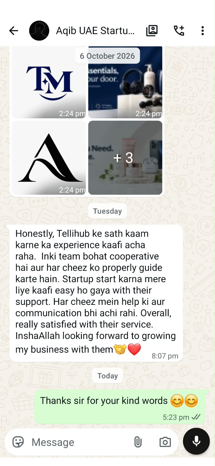 WhatsApp message from a Tellihub client: "Overall, really satisfied with their service."