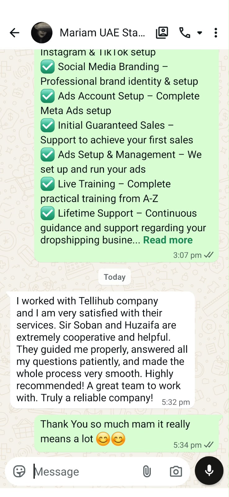 WhatsApp message from a Tellihub client: "I worked with Tellihub company and I am very satisfied with their services."