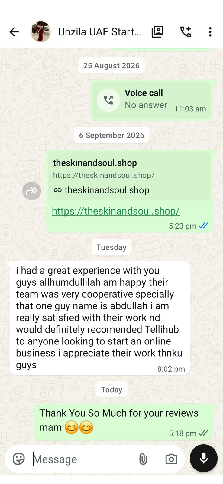 WhatsApp message from a Tellihub client: "I had a great experience with you guys."